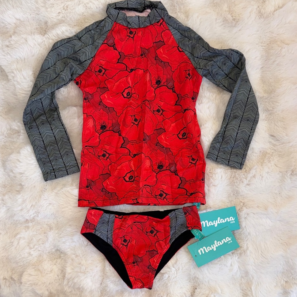 Kids Rashguard Set - Red Floral and Gray
